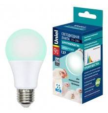 Лампа светодиодная LED-A60-9W/SCBG/E27/FR/DIM IP65 PLO65WH LED диммируемая для бройлеров. Спектр синий и зеленый  UL-00003190  Uniel