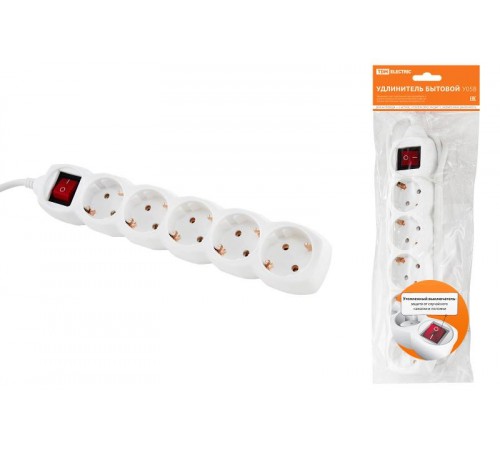 Удлинитель бытовой  У05В выключатель, 5 гнезд, 5метров, с заземлением, ПВС 3х1мм2  16А/250В   SQ1303-0122  TDM