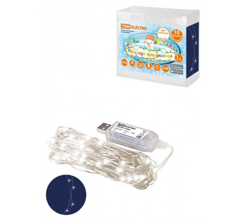 Гирлянда светодиодная "Роса 100-Д" 10 м, 100LED, белый, ПДУ, USB, IP20,  SQ0361-0089  TDM