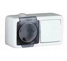 Блок открытой установки, брызгозащищенный, розетка с заземляющим контактом + одноклавишный выключатель, цвет белый  БА 16-211  HEGEL