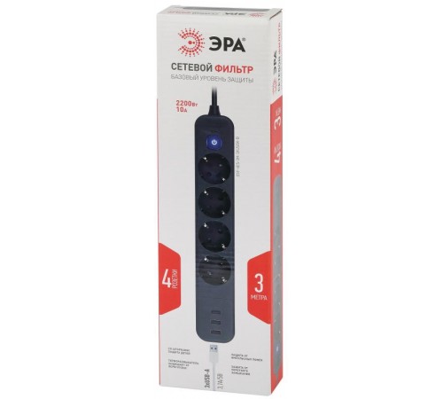Сетевой фильтр  USF-4es-3m-3xUSBA-B с базовой защитой с заземлением с выключателем 4 розетки+3xUSBA 3,1A 3м 10А   Б0059570  ЭРА