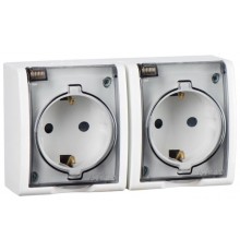 Simon 15 Белый Розетка двойная с/з Schuko со шторками, с крышкой полупрозрачной, IP54, 16А 250В, винт. зажим  1594443-030  Simon