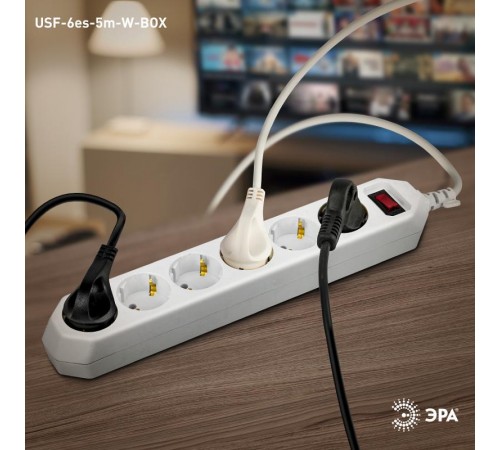 Сетевой фильтр USF-6es-5m-W-BOX Сет.фильтр базовая защита, с/з, с выкл, 6гн, 5м, ПВС, 10А,  Б0037264  ЭРА