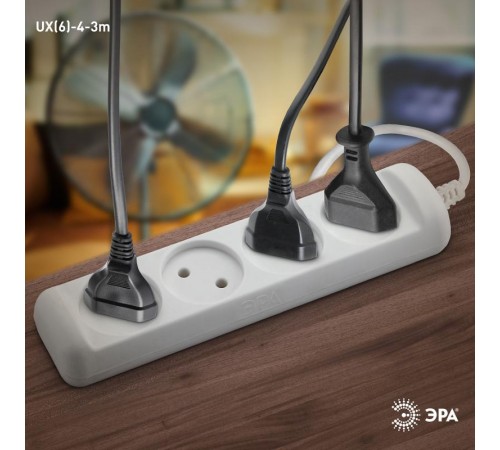 Удлинитель электрический   UX(6)-4-3m без заземления 4 розетки 3м ПВС 2 x 0,75 мм2 6А белый  Б0038570  ЭРА