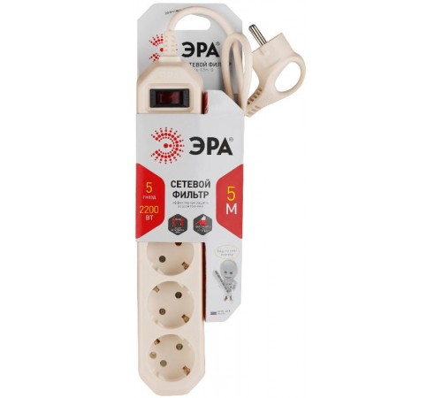 Сетевой фильтр USF-5es-5m-I   (сл.кость) с заземл, 3x0,75мм2, с выкл, 5гн, 5м (20/500) Б0019739  ЭРА