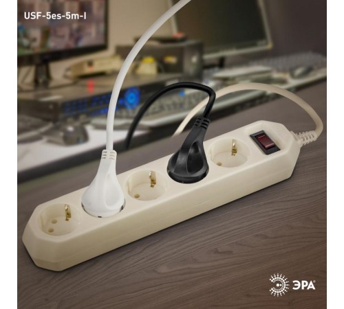 Сетевой фильтр USF-5es-5m-I   (сл.кость) с заземл, 3x0,75мм2, с выкл, 5гн, 5м (20/500) Б0019739  ЭРА