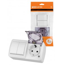 Блок выключатель 2-кл. 10А + розетка 2П+З 16А с защ. штор. с прозр. крыш. IP54 белый "Селигер"  SQ1818-0023  TDM