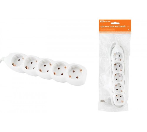 Удлинитель бытовой  У05  5 гнезд, 5метров, с заземлением, ПВС  3х1мм2  16А/250В   SQ1303-0022  TDM