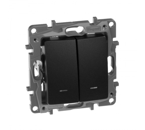 Etika Антрацит Выключатель 2-клавишный с подсветкой/индикацией, автозажимные клеммы, 10 AX, 250 В  672604  Legrand