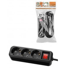 Удлинитель 3 гнезда, 10 метров, с/з, выкл., 10 А, 2300 Вт, черный, НАРОДНЫЙ SQ1303-1124  TDM