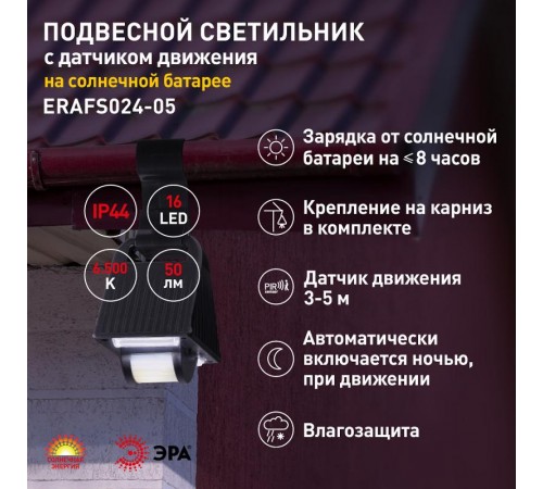 ERAFS024-05 Подвесной фасадный светильник с ДД на солнечной батарее, 16LED, 50lm  Б0044245  ЭРА