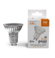 Лампа светодиодная   Basic MR16 6W 530lm 3000K GU10 LED 1/10/100  10106162  Gauss