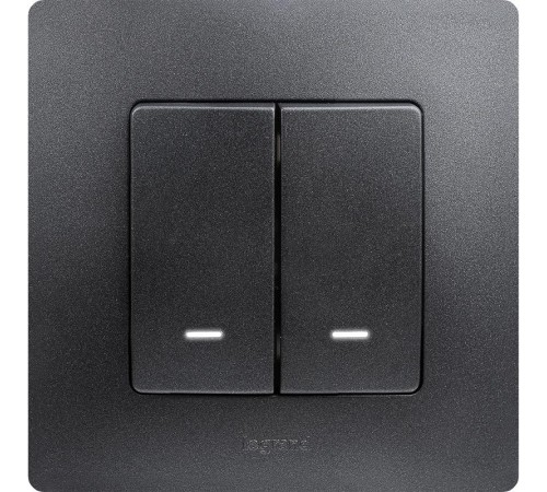 Etika Антрацит Выключатель 2-клавишный с подсветкой/индикацией, автозажимные клеммы, 10 AX, 250 В  672604  Legrand