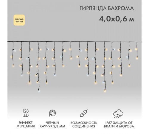 Бахрома (Айсикл) 4,0х0,6м 128 LED ТЕПЛЫЙ БЕЛЫЙ черный каучук 2,3мм IP67 эффект мерцания 230В  255-236-6  NEON-NIGHT