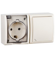 Блок IP54. Розетка с крышкой и заземлением Schuko 2Р+Е 16A + Переключатель (проходной) 10AX 250В цвета слоновая кость S15 Aqua  1594516-031  Simon