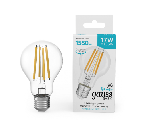 Лампа светодиодная   Basic Filament А60 17W 1550lm 4100К Е27 LED 1/10/40  10212272  Gauss