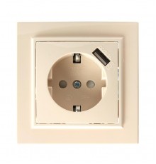 PST16-9011-02 Розетка 1-местная с/з, 250В, 16А, с USB 1А, серия Эрна, слоновая кость  39237  STEKKER