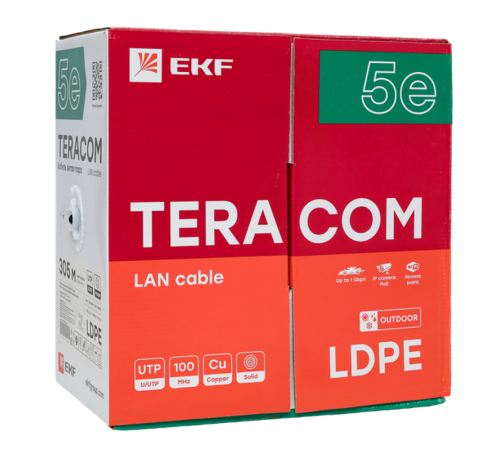 Кабель витая пара TERACOM Cat.5E U/UTP 4 пары solid внешний цвет черный упак. 305м) TRC-5EUTP-04PE-BK-OUT3  EKF