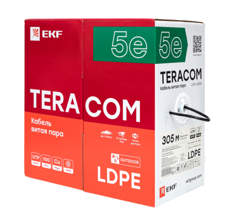 Кабель витая пара TERACOM Cat.5E U/UTP 4 пары solid внешний цвет черный упак. 305м) TRC-5EUTP-04PE-BK-OUT3  EKF