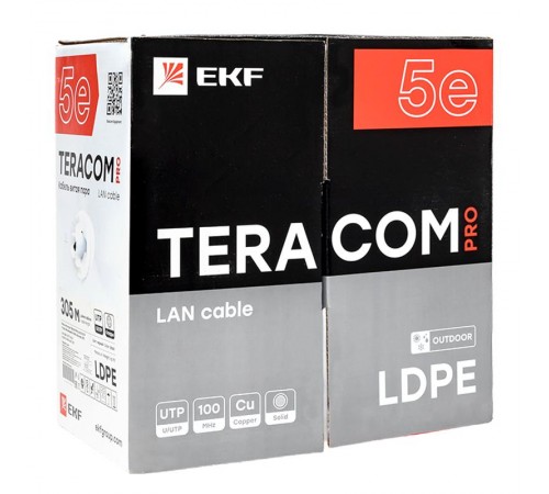 Кабель витая пара TERACOM Cat.5E U/UTP 4 пары solid внешний цвет черный упак. 305м) TRC-5EUTP-04PE-BK-OUT3  EKF