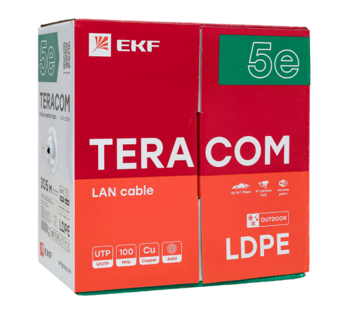 Кабель витая пара TERACOM Cat.5E U/UTP 4 пары solid внешний цвет черный упак. 305м) TRC-5EUTP-04PE-BK-OUT3  EKF