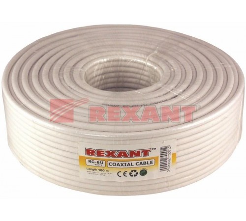 Кабель RG-6U, (64%), 75 Ом, 100м., белый  01-2201  REXANT