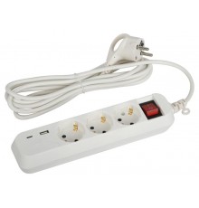 Удлинитель электрический  UB-3es-3m-USB c заземлением с выключателем 3 розетки + 1xUSBA+1xUSBC 3м 10А   Б0052898  ЭРА