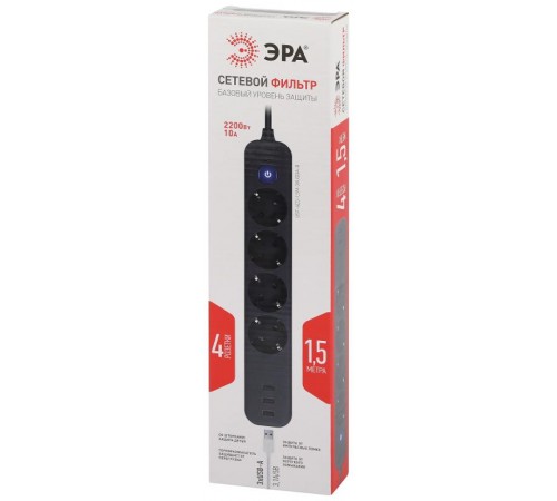 Сетевой фильтр  USF-4es-1,5m-3xUSBA-B с базовой защитой с заземлением с выключателем 4 розетки+3xUSBA 3,1A 1,5м 10А   Б0059568  ЭРА