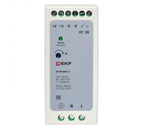 Блок питания на дин рейку 40Вт,Uвх ~ 220 В AC m, Uвых - 12 В DC постоянного тока DR-M-40W-12 EKF