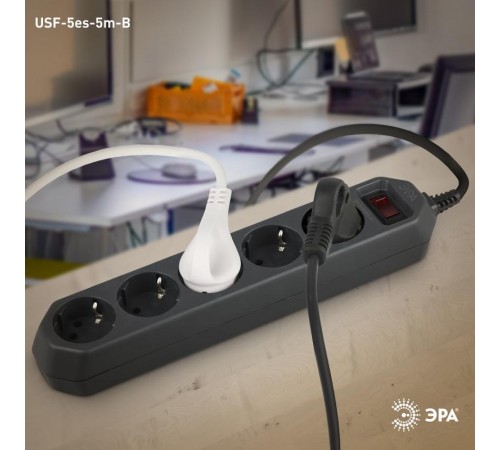 Сетевой фильтр USF-5es-5m-B   (черный) с заземл, 3x0,75мм2, с выкл, 5гн, 5м (20/500) Б0019737  ЭРА
