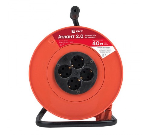 Удлинитель на катушке "Атлант 2.0" 4 гнезда 40м с заземлением  ПВС 3*1,0  10А/2,2кВт PROxima  UKA02-10-310-4-40  EKF