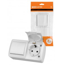 Блок выключатель 1-кл. 10А + розетка 2П+З 16А с защ. штор. с крышкой IP54 белый "Селигер"  SQ1818-0020  TDM