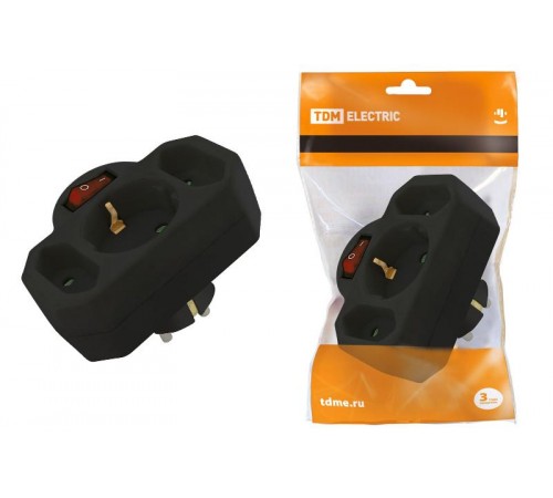 Блок на 3 гнезда с выключателем с индикацией: 1x2П+3 16А+2х2П 2,5А под плоскую вилку 250B черный  SQ1806-0302  TDM