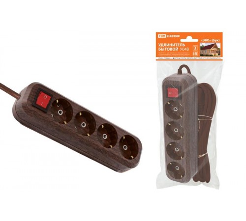 Удлинитель бытовой  У04В выключатель, 4 гнезда, 3метра,2П+3, ПВС 3х1мм2 "Эко" (бук) 16А/250В  SQ1303-3111  TDM
