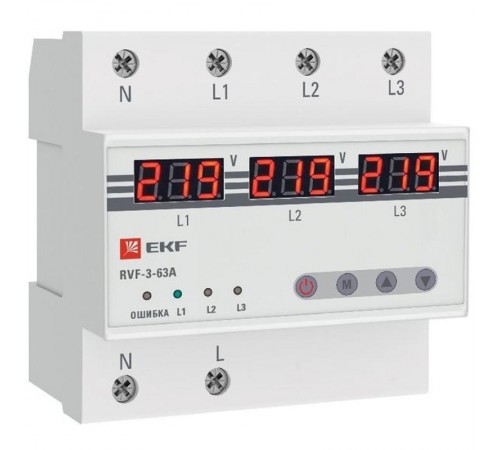 Реле выбора фаз с дисплеем RVF-3-63А PROxima  RVF-3-63a  EKF
