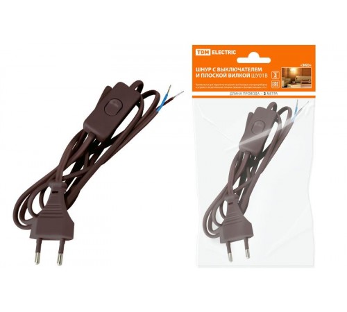 Шнур с выключателем и плоской вилкой ШУ01В ШВВП 2х0,75мм2 2м. коричневый "ЭКО"  SQ1305-0006  TDM