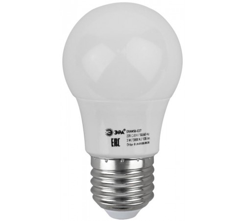 Лампы cветодиодные ERAW50-E27 LED A50-3W-E27 (диод. груша бел., 13SMD, 3W, E27, для белт-лайт) (10/100/3600)  Б0049582  ЭРА