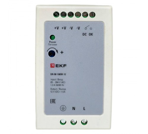 Блок питания на дин рейку 100Вт,Uвх ~ 220 В AC m, Uвых - 12 В DC постоянного тока DR-M-100W-12 EKF