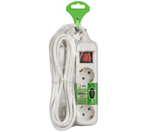 Удлинитель электрический ЭРА UDL-16-350-ES Greenline 3 розетки с заземлением с выключателем 5м ПВС 3x1мм2   Б0065066  ЭРА
