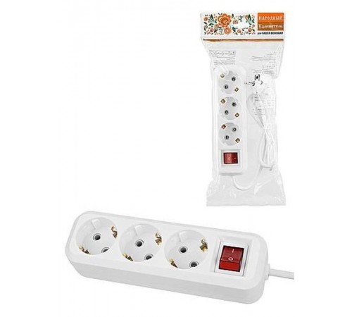 Удлинитель 3 гнезда, 1,5 метра, с/з, выкл., 16 А, 3500 Вт, белый, НАРОДНЫЙ  SQ1303-1420  TDM