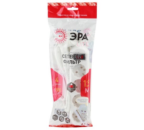 Сетевой фильтр USF-M-4es-1.5m-W   (белый) с заземл, 3x0,75мм2, с выкл, 4гн, 1.5м (20/800) Б0019741  ЭРА