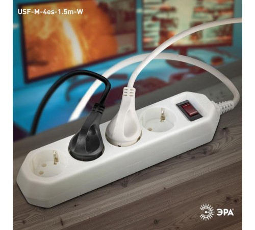 Сетевой фильтр USF-M-4es-1.5m-W   (белый) с заземл, 3x0,75мм2, с выкл, 4гн, 1.5м (20/800) Б0019741  ЭРА