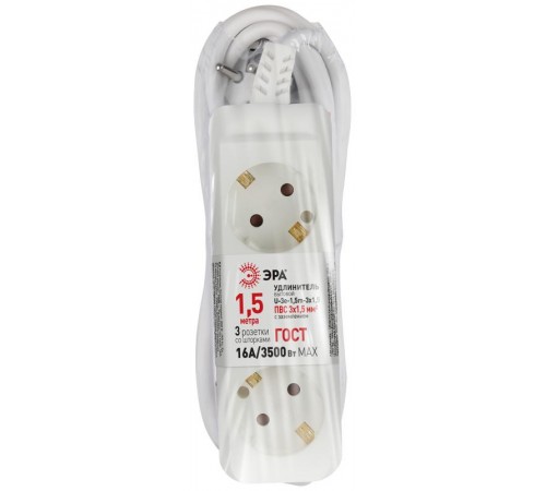 Удлинитель электрический U-3e-1,5m-3x1,5 с заземлением 3 розетки 1,5м ПВС 3x1,5мм2 16А  Б0044031  ЭРА