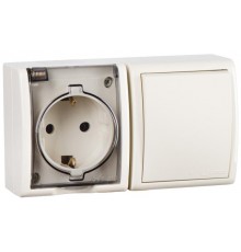 Блок IP54. Розетка с крышкой и заземлением Schuko 2Р+Е 16A + Однополюсный выключатель 10AX 250В цвета слоновая кость S15 Aqua  1594511-031  Simon