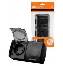 Розетка двойная 2П+3 открытой установки IP54 16А с прозрачной крышкой графит "Селигер"  SQ1818-0309  TDM