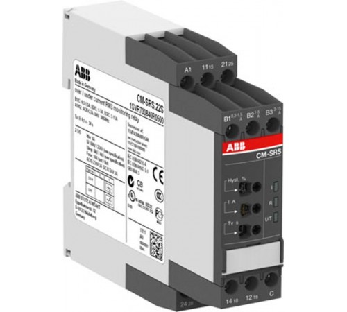 Однофазное реле контроля тока CM-SRS.22S (диапазоны измерения 0,3-1,5А, 1-5A, 3-15A) 24-240В AC/DC, 2ПК, винтовые клеммы  1SVR730840R0500  ABB