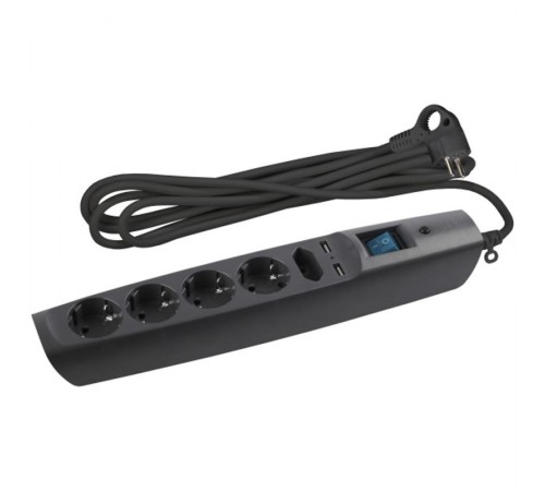 Сетевой фильтр SFU-5es-2m-B  ЭРА (черный) с заземл, 3x0.75мм2, со шт, с выкл, 5гн+2xUSB, 2м, кор  C0043326  ЭРА