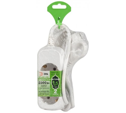 Удлинитель электрический ЭРА UDL-10-215-E Greenline 2 розетки с заземлением 1,5м ПВС 3x0.75мм2   Б0064978  ЭРА