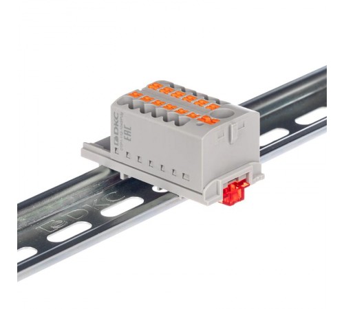 Блок распределительный с верт. адаптером на рейки  15/35мм, зажим push-in, 1 ввод 6 кв.мм, 12  подкл. 2,5 кв.мм, серый  DTP1-112-104SPUG-V  DKC