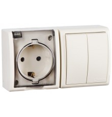 Блок IP54. Розетка с крышкой и заземлением Schuko 2Р+Е 16A + Двухклавишный выключатель 10AX 250В цвета слоновая кость S15 Aqua  1594515-031  Simon